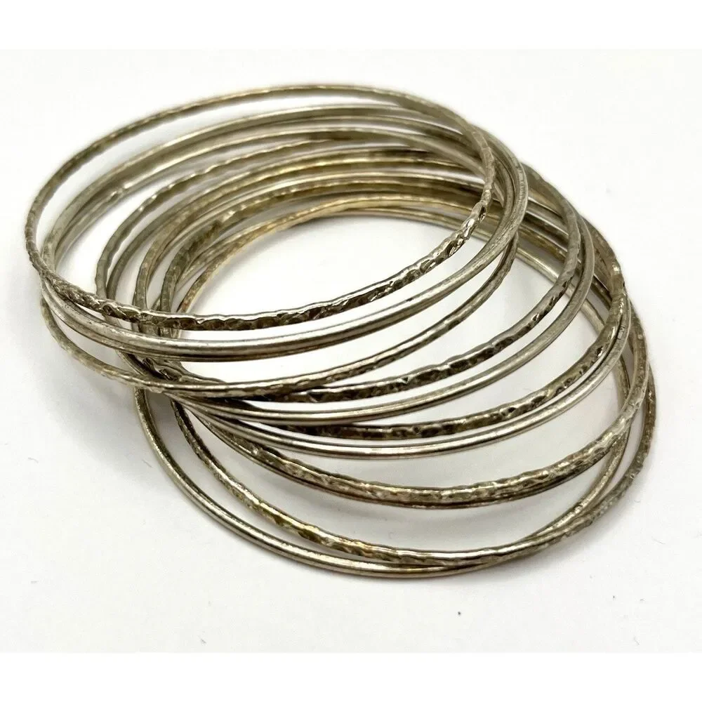 Set of 12 Silver Tone Bangle Bracelets Vintage Textured Hammered Bohemian